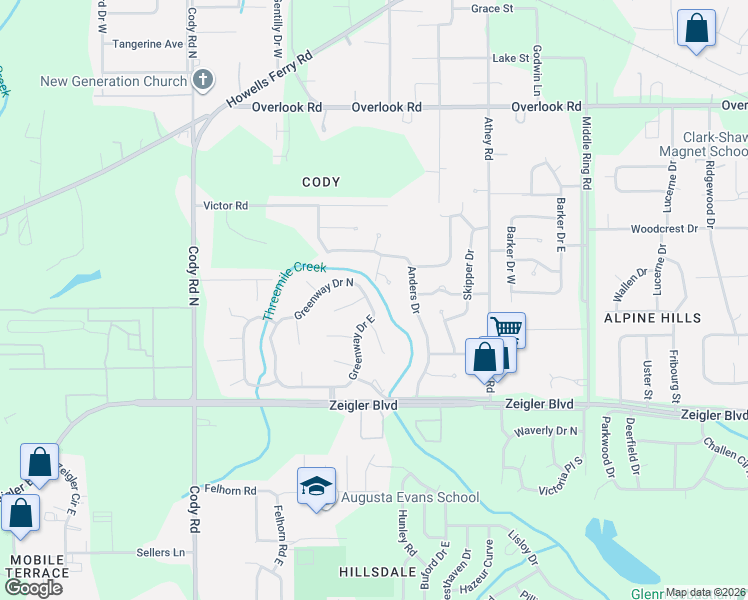 map of restaurants, bars, coffee shops, grocery stores, and more near 1124 Greenway Drive East in Mobile