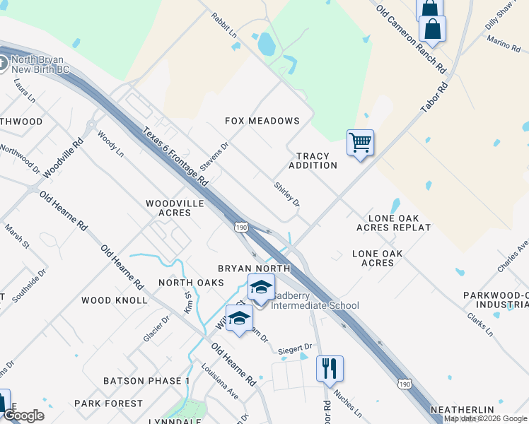 map of restaurants, bars, coffee shops, grocery stores, and more near 3619 Elaine Drive in Bryan