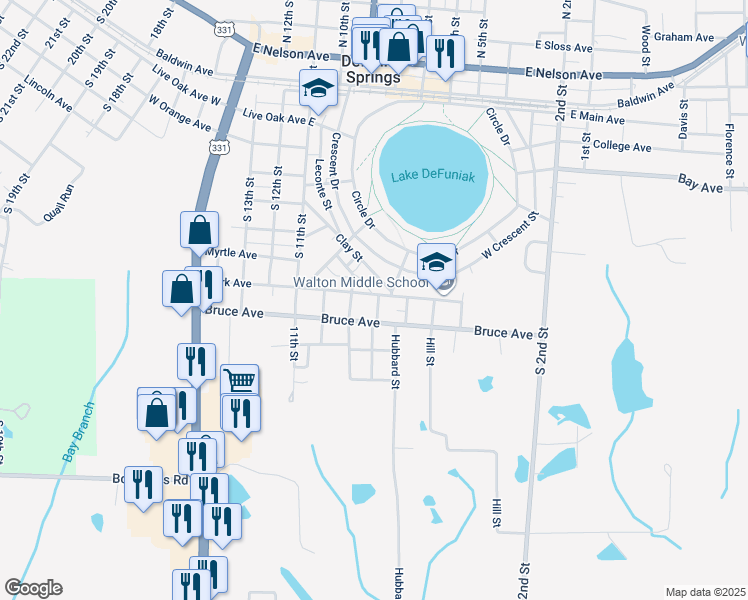 map of restaurants, bars, coffee shops, grocery stores, and more near 436 Park Avenue in DeFuniak Springs