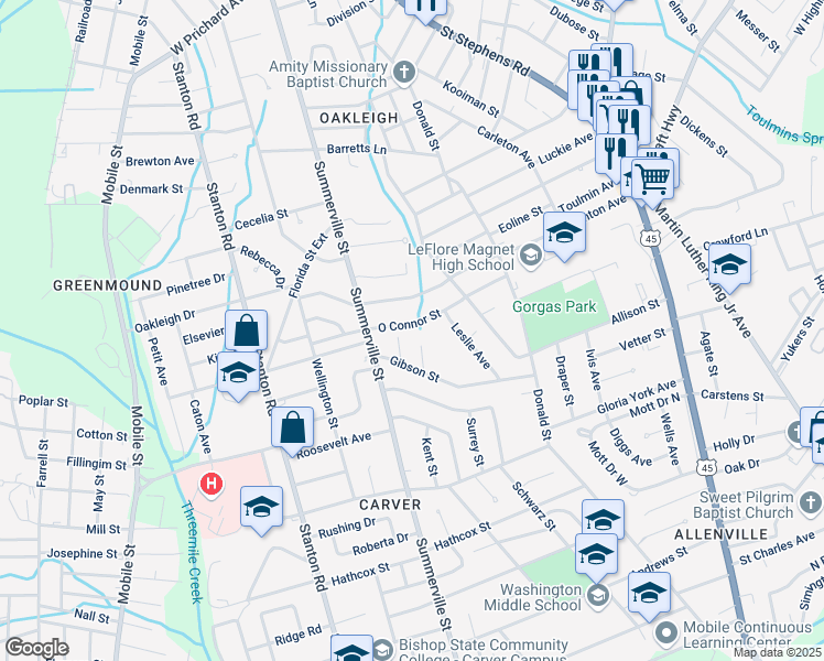 map of restaurants, bars, coffee shops, grocery stores, and more near 2153 O Connor Street in Mobile