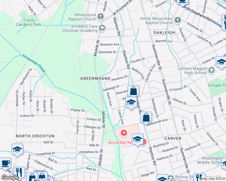 map of restaurants, bars, coffee shops, grocery stores, and more near 705 Caton Avenue in Mobile