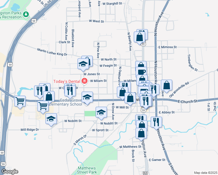 map of restaurants, bars, coffee shops, grocery stores, and more near 518 North Oak Avenue in Livingston