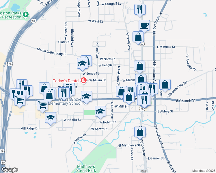 map of restaurants, bars, coffee shops, grocery stores, and more near 518 North Oak Avenue in Livingston
