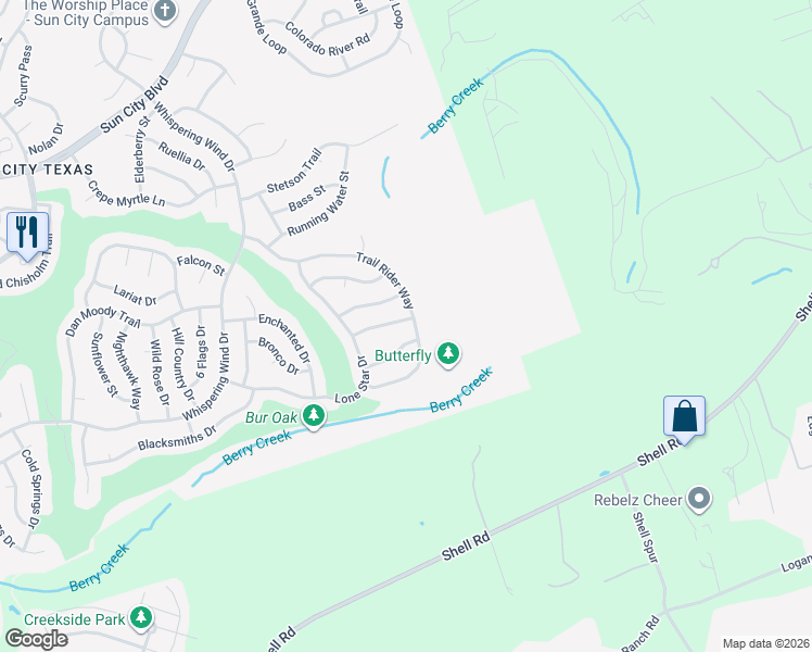 map of restaurants, bars, coffee shops, grocery stores, and more near 121 Buttercup Trail in Georgetown