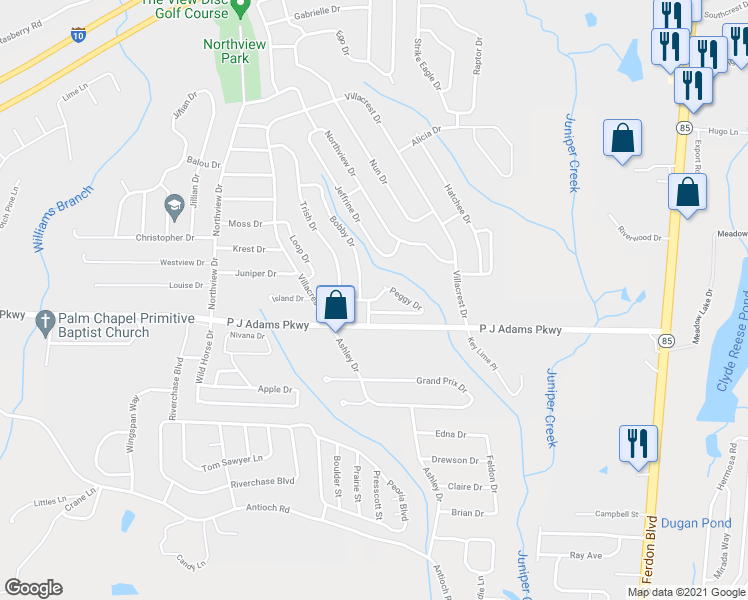 map of restaurants, bars, coffee shops, grocery stores, and more near 314 Peggy Drive in Crestview