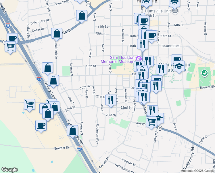 map of restaurants, bars, coffee shops, grocery stores, and more near 2005 Avenue O in Huntsville