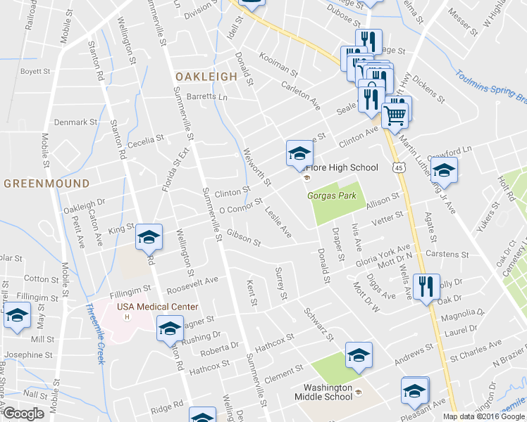 map of restaurants, bars, coffee shops, grocery stores, and more near 681 Leslie Ave in Mobile