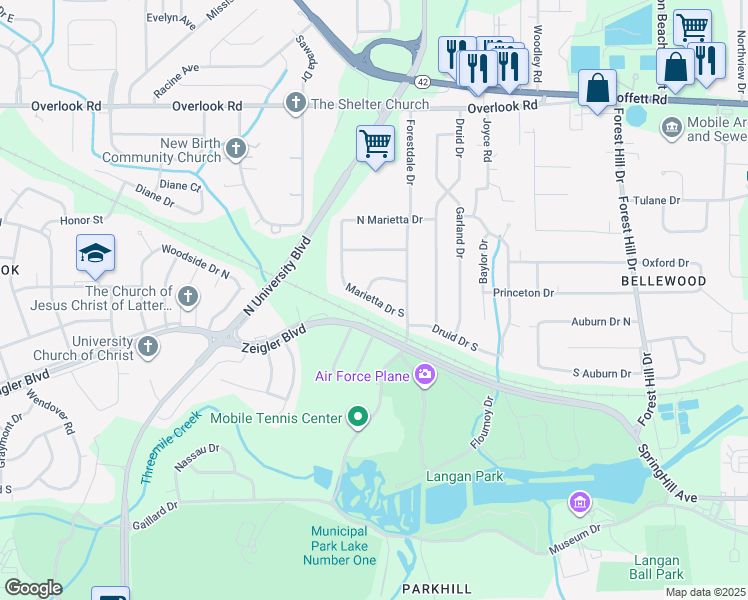 map of restaurants, bars, coffee shops, grocery stores, and more near Marietta Drive South in Mobile
