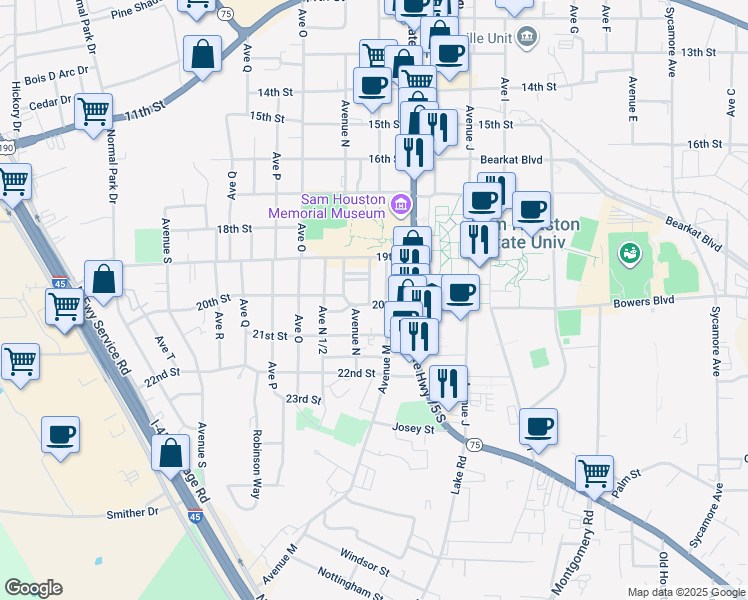 map of restaurants, bars, coffee shops, grocery stores, and more near 1238 20th Street in Huntsville