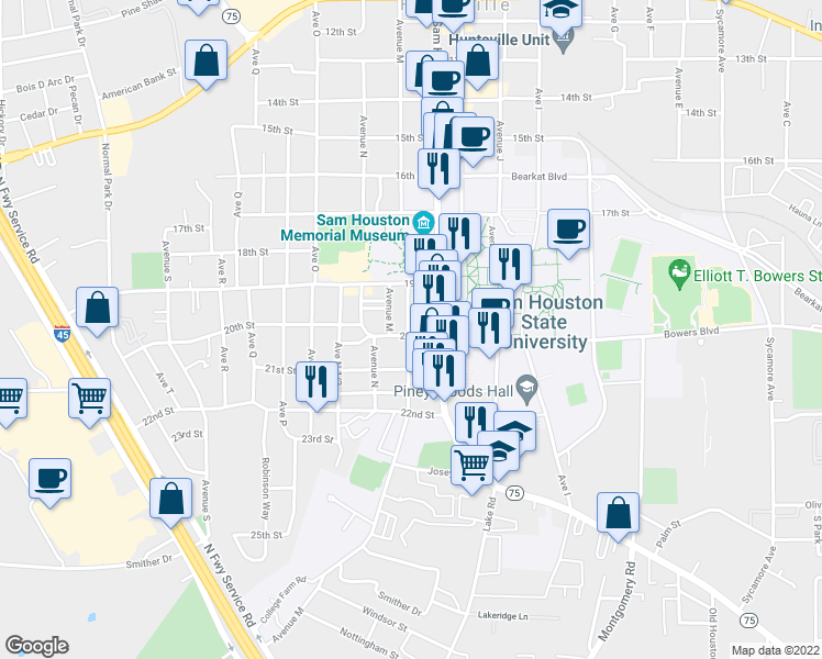 map of restaurants, bars, coffee shops, grocery stores, and more near 1224 20th Street in Huntsville