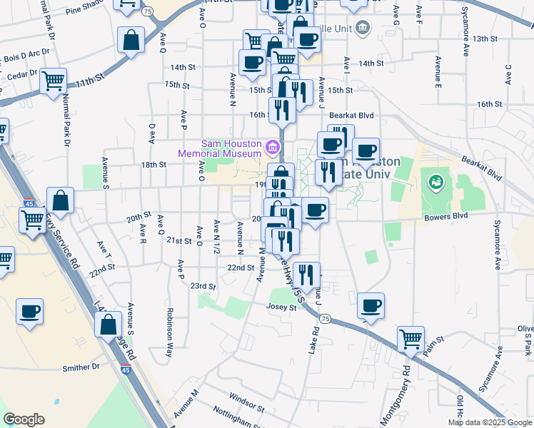 map of restaurants, bars, coffee shops, grocery stores, and more near 1238 20th Street in Huntsville
