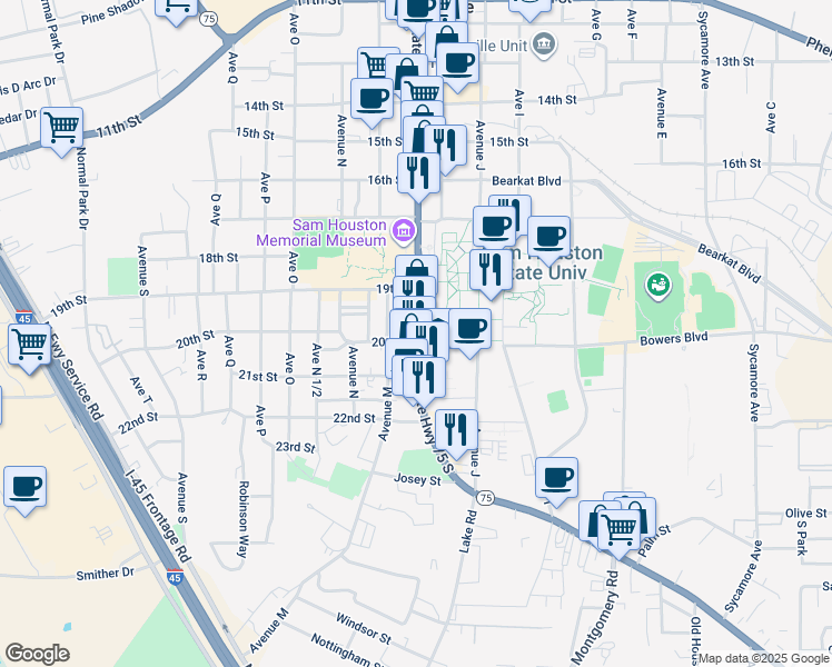 map of restaurants, bars, coffee shops, grocery stores, and more near 1938 Sam Houston Avenue in Huntsville