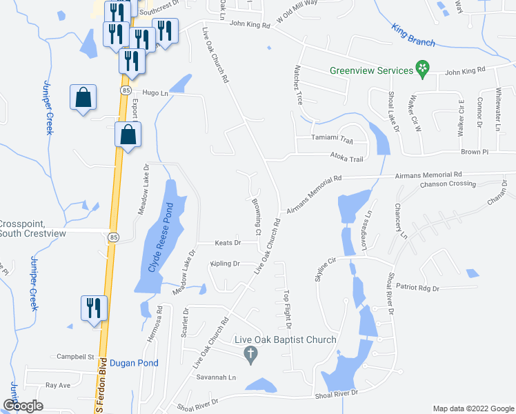 map of restaurants, bars, coffee shops, grocery stores, and more near Browning Court in Crestview