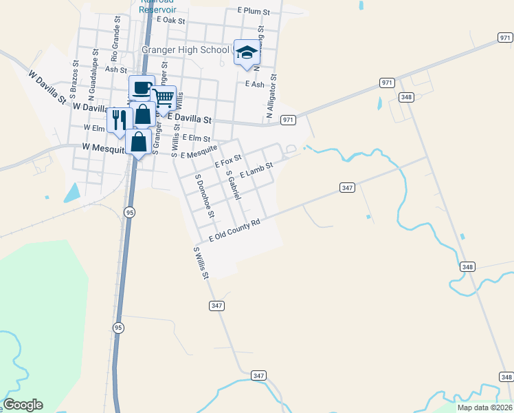 map of restaurants, bars, coffee shops, grocery stores, and more near 606 Bird Street in Granger