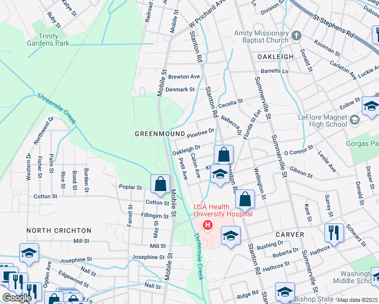 map of restaurants, bars, coffee shops, grocery stores, and more near 707 Caton Avenue in Mobile