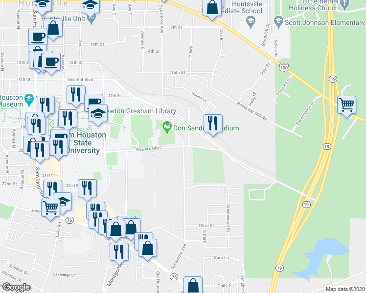 map of restaurants, bars, coffee shops, grocery stores, and more near 1108 17th Street in Huntsville