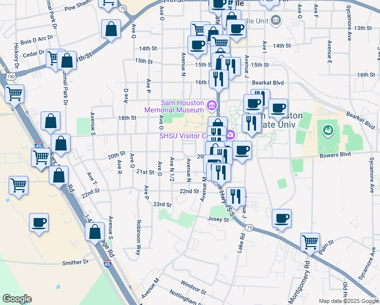 map of restaurants, bars, coffee shops, grocery stores, and more near 1420 20 1/2 Street in Huntsville