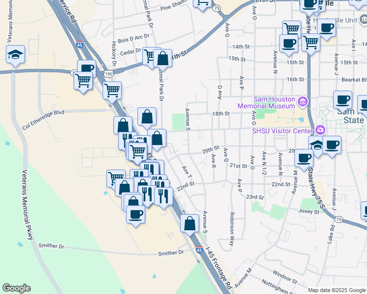 map of restaurants, bars, coffee shops, grocery stores, and more near 1934 20th Street in Huntsville