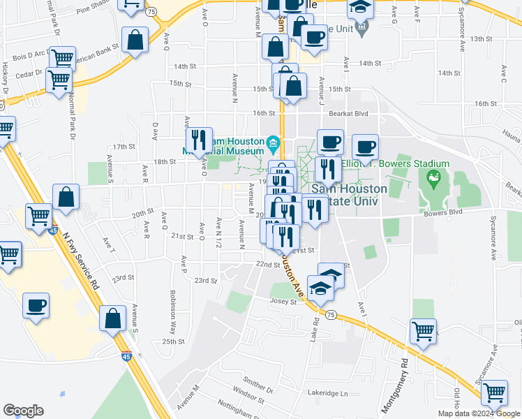 map of restaurants, bars, coffee shops, grocery stores, and more near 1930 Avenue L 1/2 in Huntsville