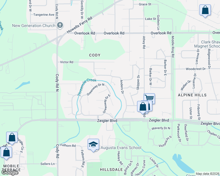 map of restaurants, bars, coffee shops, grocery stores, and more near 1124 Greenway Drive East in Mobile