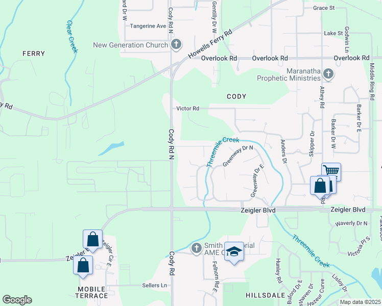 map of restaurants, bars, coffee shops, grocery stores, and more near 1066 Cody Road North in Mobile