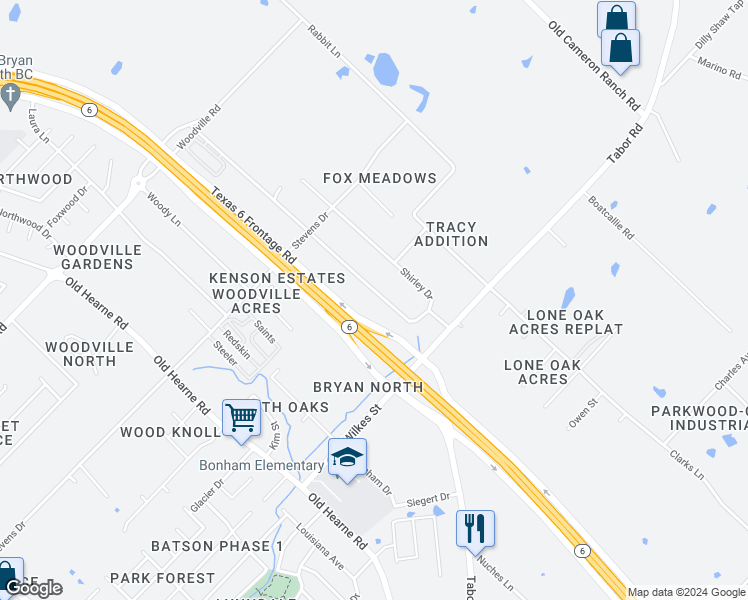 map of restaurants, bars, coffee shops, grocery stores, and more near 3625 Elaine Drive in Bryan