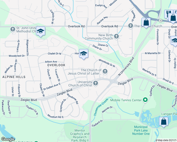 map of restaurants, bars, coffee shops, grocery stores, and more near 1062 Heidi Street in Mobile