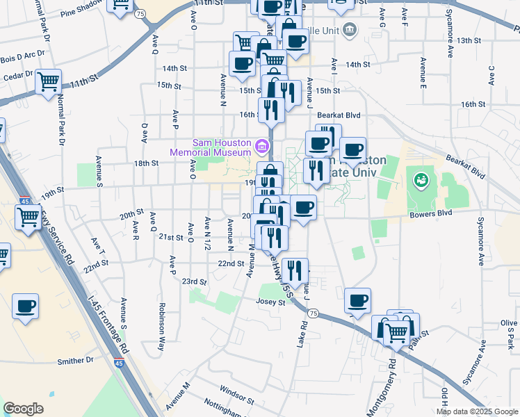 map of restaurants, bars, coffee shops, grocery stores, and more near 1938 Sam Houston Avenue in Huntsville