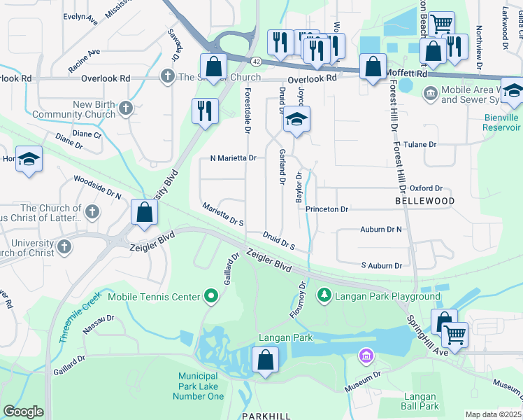 map of restaurants, bars, coffee shops, grocery stores, and more near 1121 Druid Drive in Mobile
