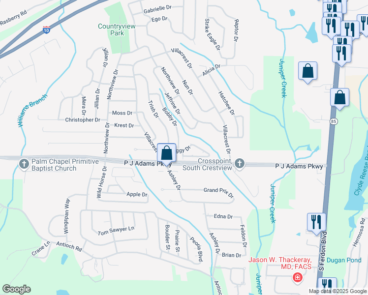 map of restaurants, bars, coffee shops, grocery stores, and more near 312 Peggy Drive in Crestview