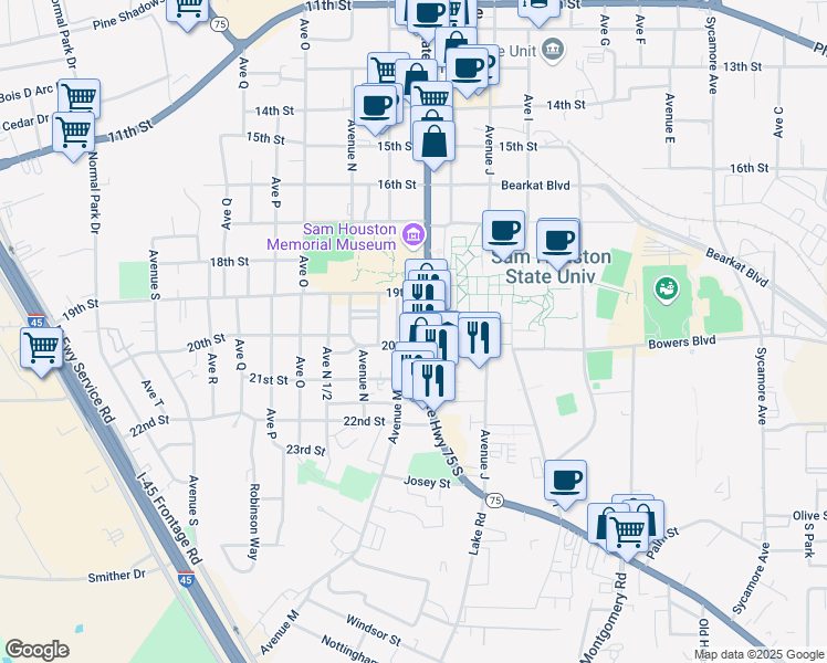 map of restaurants, bars, coffee shops, grocery stores, and more near 1206 20th Street in Huntsville