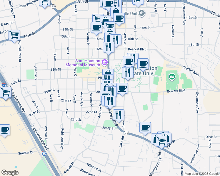 map of restaurants, bars, coffee shops, grocery stores, and more near Sam Houston Avenue in Huntsville