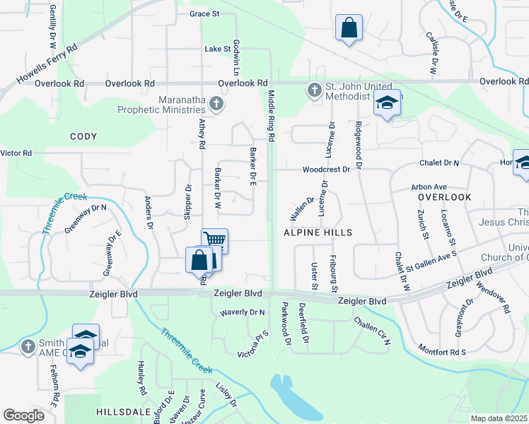 map of restaurants, bars, coffee shops, grocery stores, and more near 1201 Middle Ring Road in Mobile
