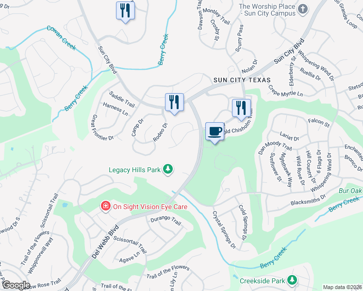 map of restaurants, bars, coffee shops, grocery stores, and more near 296 Del Webb Boulevard in Georgetown