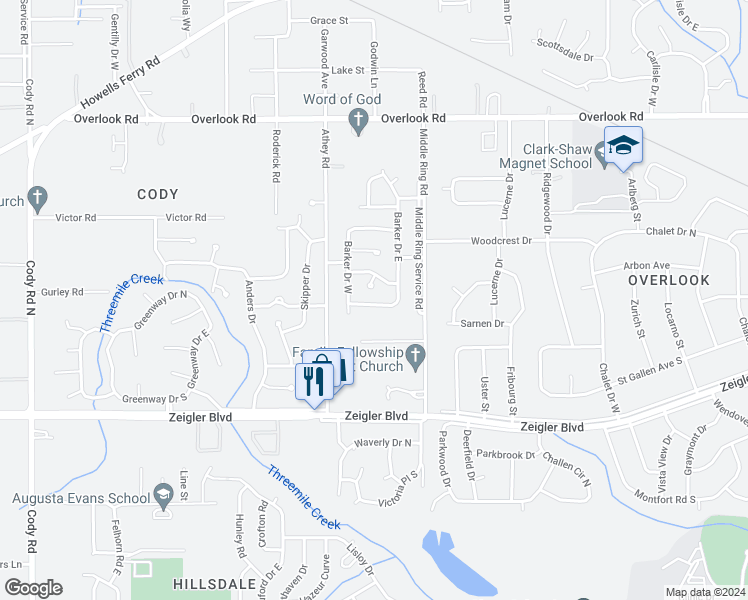 map of restaurants, bars, coffee shops, grocery stores, and more near 6458 Barker Drive South in Mobile