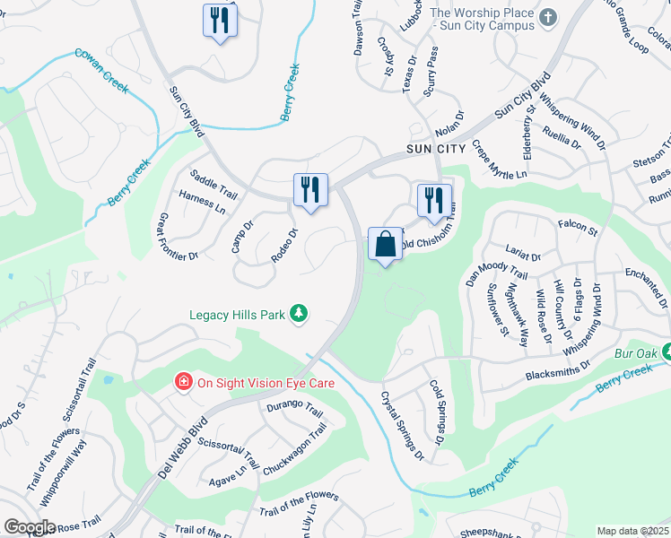 map of restaurants, bars, coffee shops, grocery stores, and more near 296 Del Webb Boulevard in Georgetown