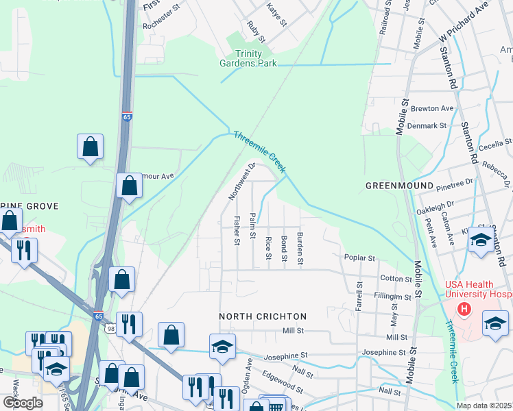 map of restaurants, bars, coffee shops, grocery stores, and more near 712 Palm Street in Mobile