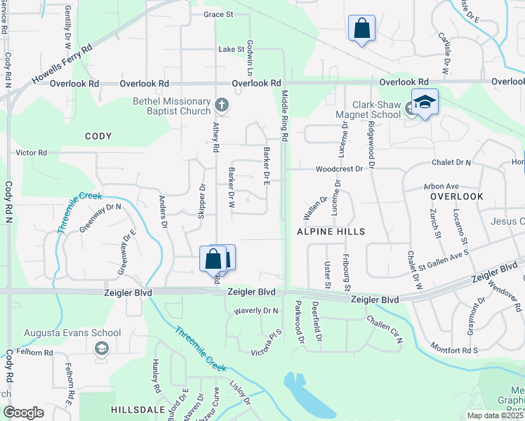 map of restaurants, bars, coffee shops, grocery stores, and more near 6450 South Barker Drive in Mobile