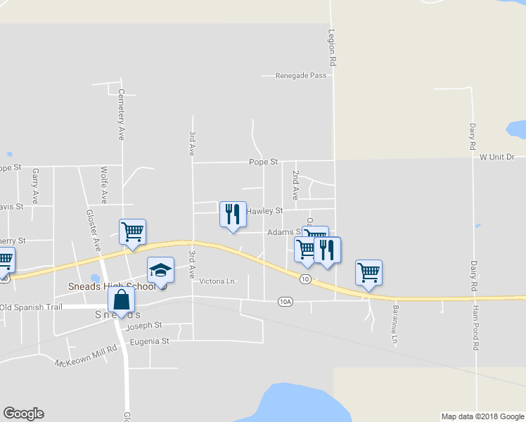 map of restaurants, bars, coffee shops, grocery stores, and more near 8139 Hawley Street in Sneads
