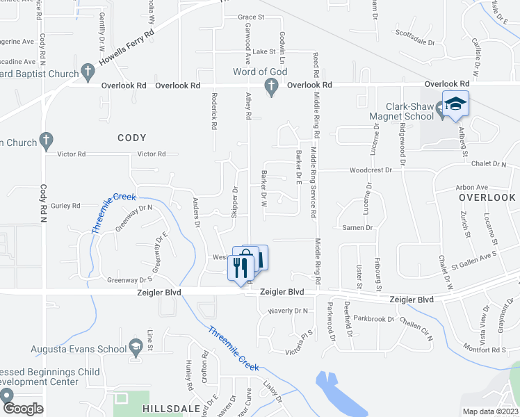 map of restaurants, bars, coffee shops, grocery stores, and more near 1203 Barker Drive West in Mobile