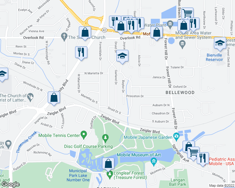 map of restaurants, bars, coffee shops, grocery stores, and more near 1204 Garland Drive in Mobile