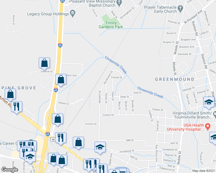 map of restaurants, bars, coffee shops, grocery stores, and more near 714 Fisher Street in Mobile
