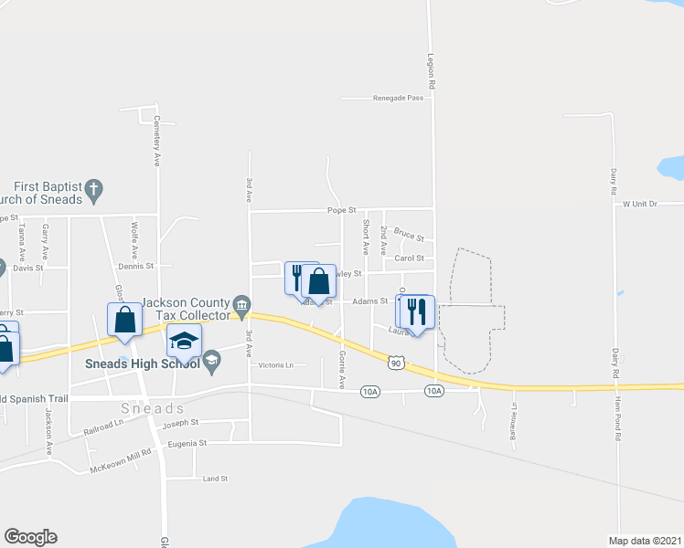 map of restaurants, bars, coffee shops, grocery stores, and more near Hawley Street in Sneads