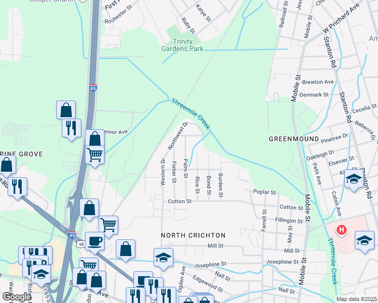 map of restaurants, bars, coffee shops, grocery stores, and more near 707 Palm Street in Mobile