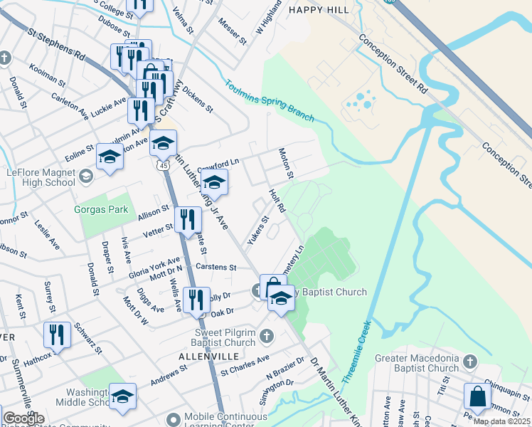 map of restaurants, bars, coffee shops, grocery stores, and more near 513 Yukers Street in Mobile