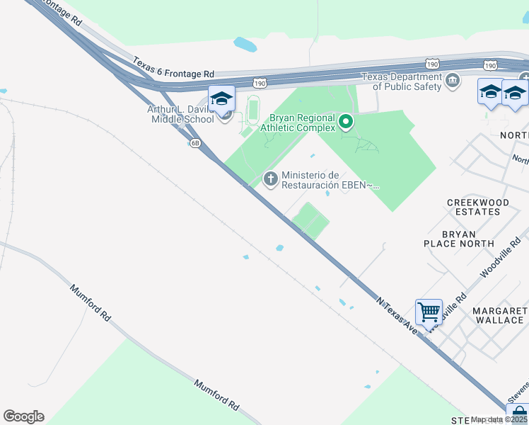 map of restaurants, bars, coffee shops, grocery stores, and more near 5300 North Texas Avenue in Bryan