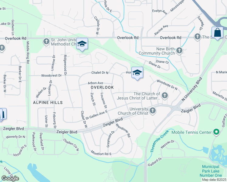 map of restaurants, bars, coffee shops, grocery stores, and more near 1100 Matterhorn Street in Mobile