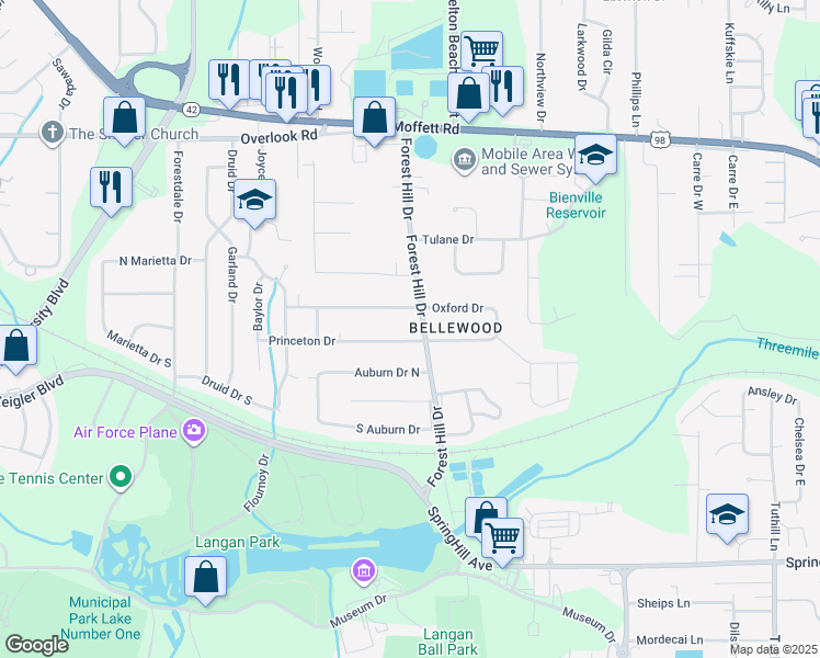map of restaurants, bars, coffee shops, grocery stores, and more near 4800-4812 Oxford Drive in Mobile