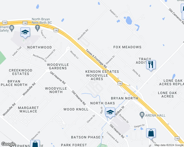 map of restaurants, bars, coffee shops, grocery stores, and more near 3802 Woody Lane in Bryan