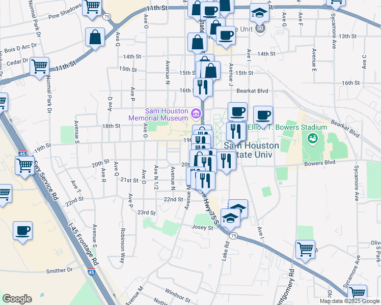 map of restaurants, bars, coffee shops, grocery stores, and more near 1923 Avenue L 1/2 in Huntsville
